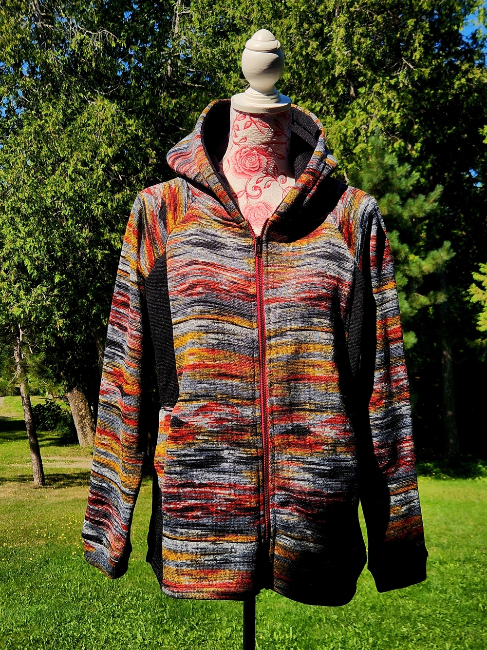Potpourri Multicolor Hooded Zip Bomber Jacket with Black Panels